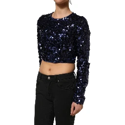 Blue Sequined Long Sleeves Crop Blouse Top