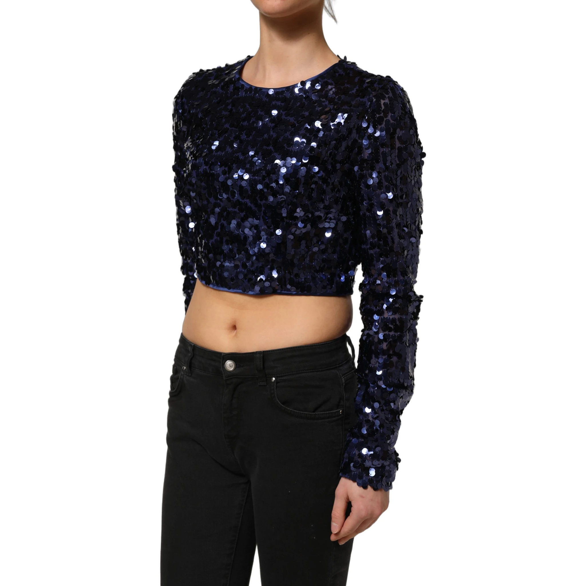 Blue Sequined Long Sleeves Crop Blouse Top