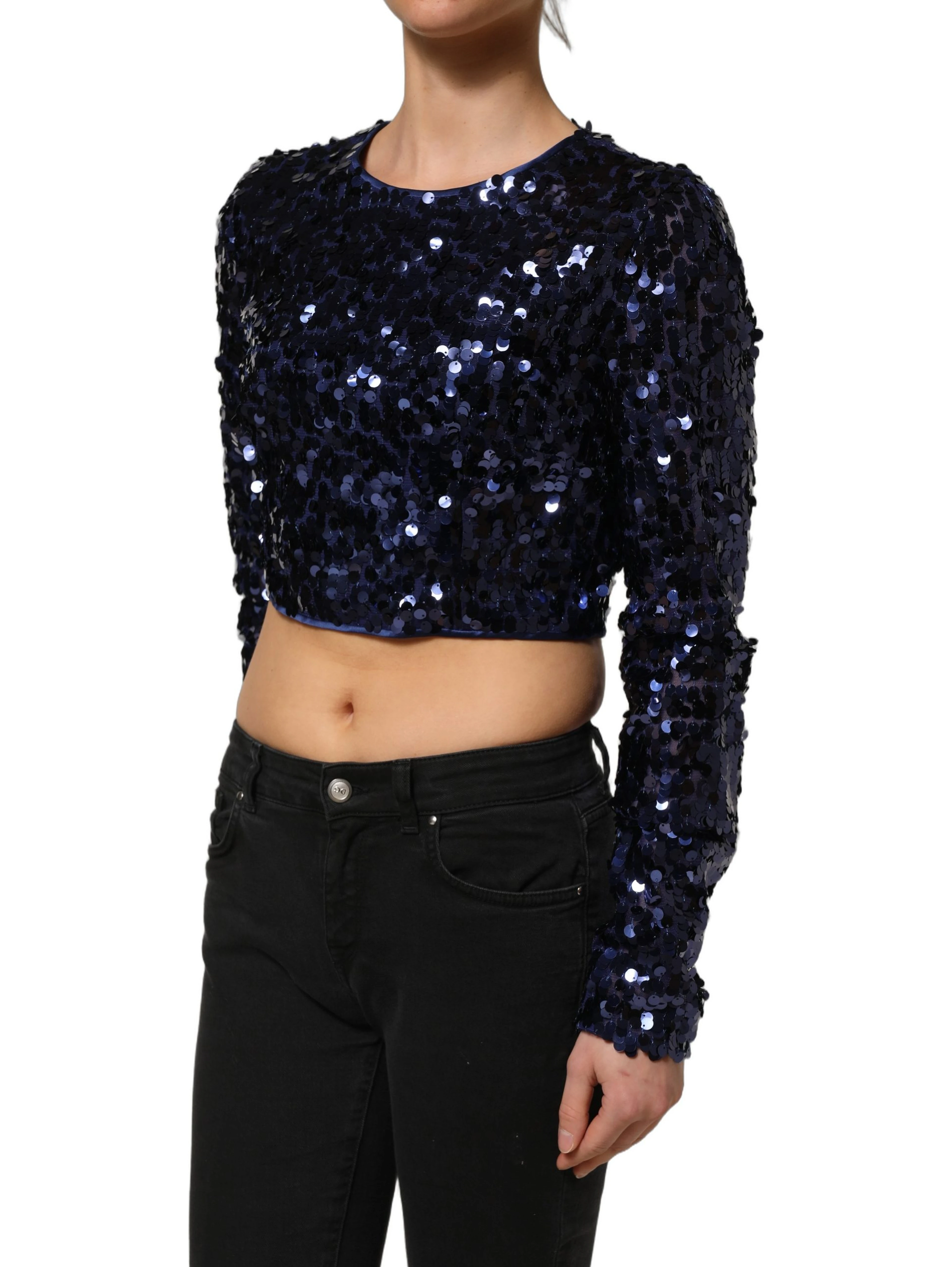 Blue Sequined Long Sleeves Crop Blouse Top