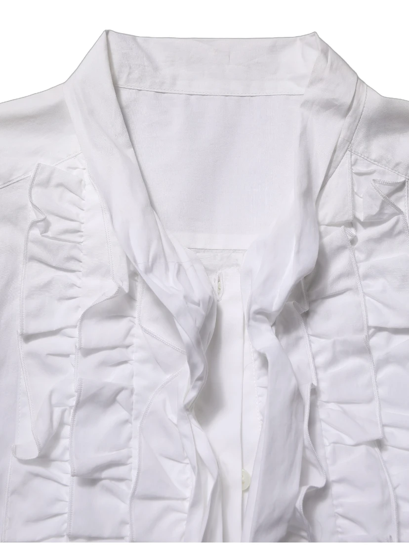White Ruffled Bib Long Sleeves Blouse Top