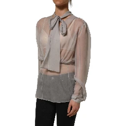 Gray Sheer Silk Chiffon Shirt Bow Collar Top