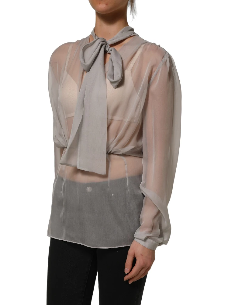 Gray Sheer Silk Chiffon Shirt Bow Collar Top