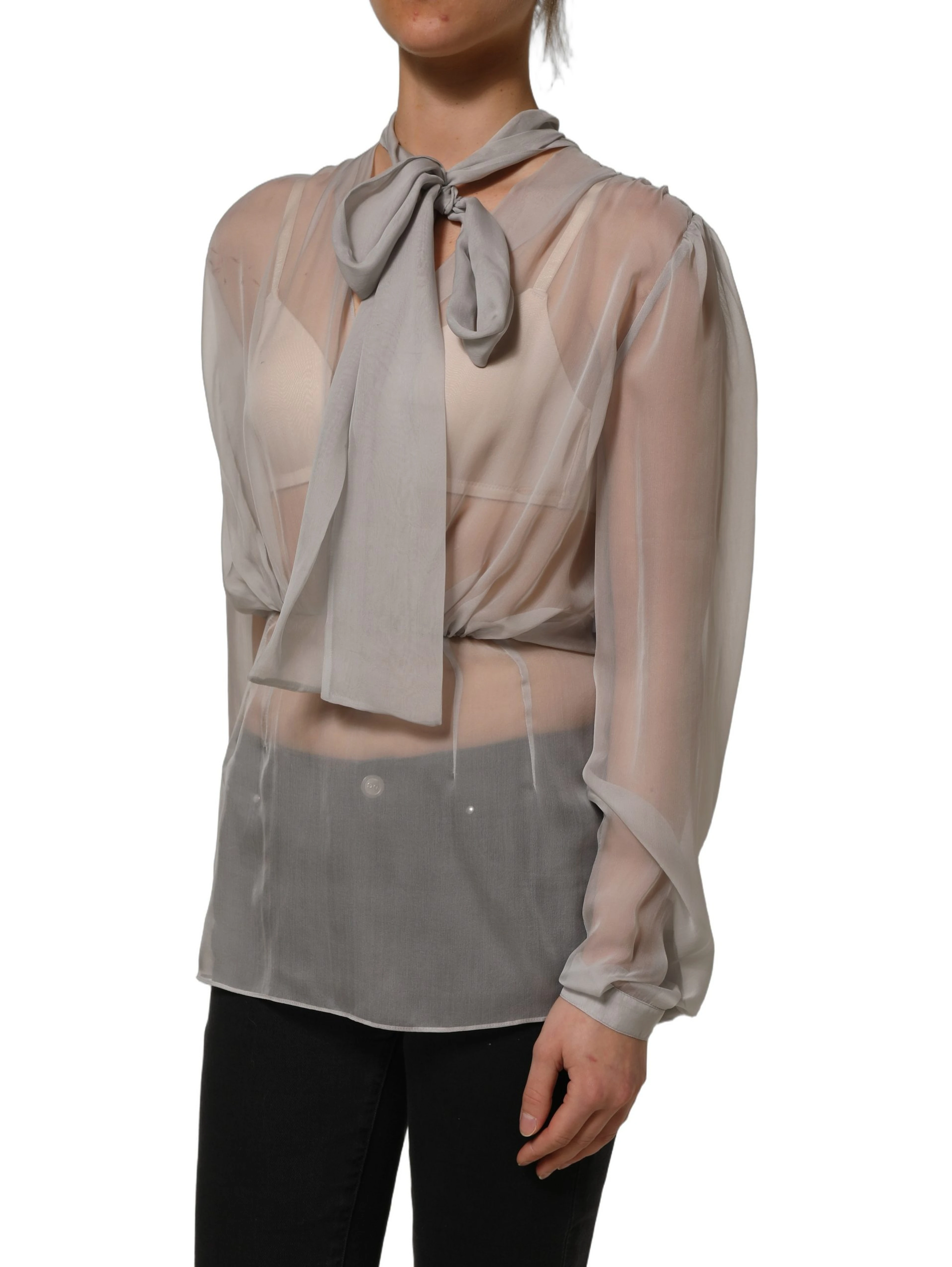 Gray Sheer Silk Chiffon Shirt Bow Collar Top
