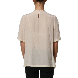 Beige Lace Trim Bow Short Sleeves Blouse Top
