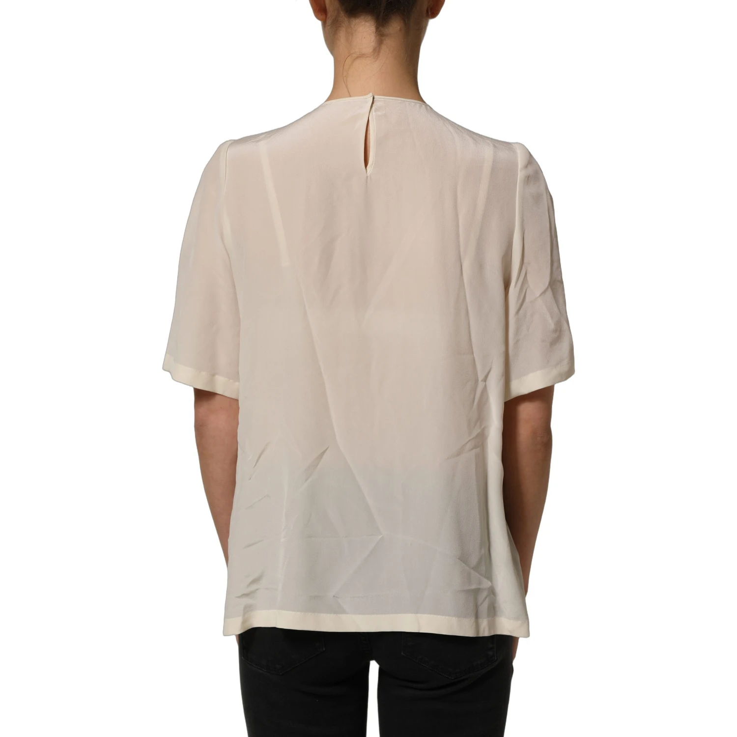 Beige Lace Trim Bow Short Sleeves Blouse Top