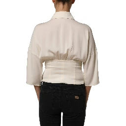 Off White Ascot Collar Long Sleeves Blouse Top
