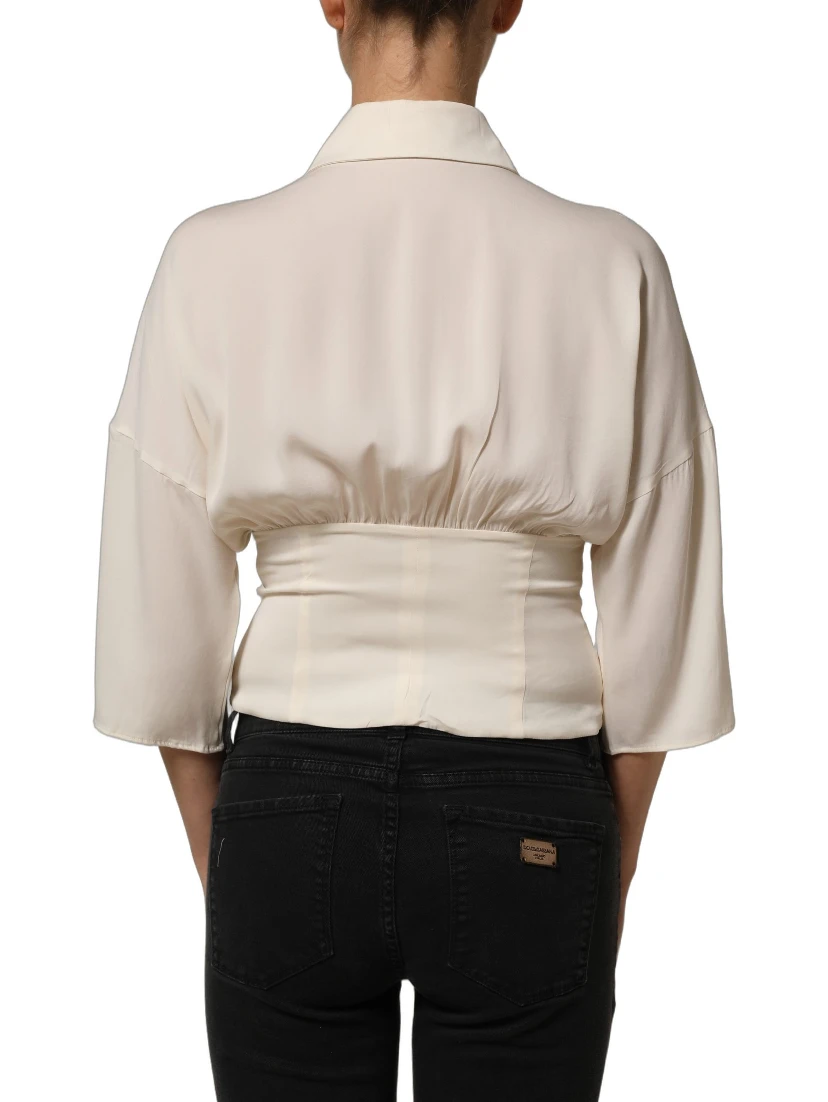 Off White Ascot Collar Long Sleeves Blouse Top