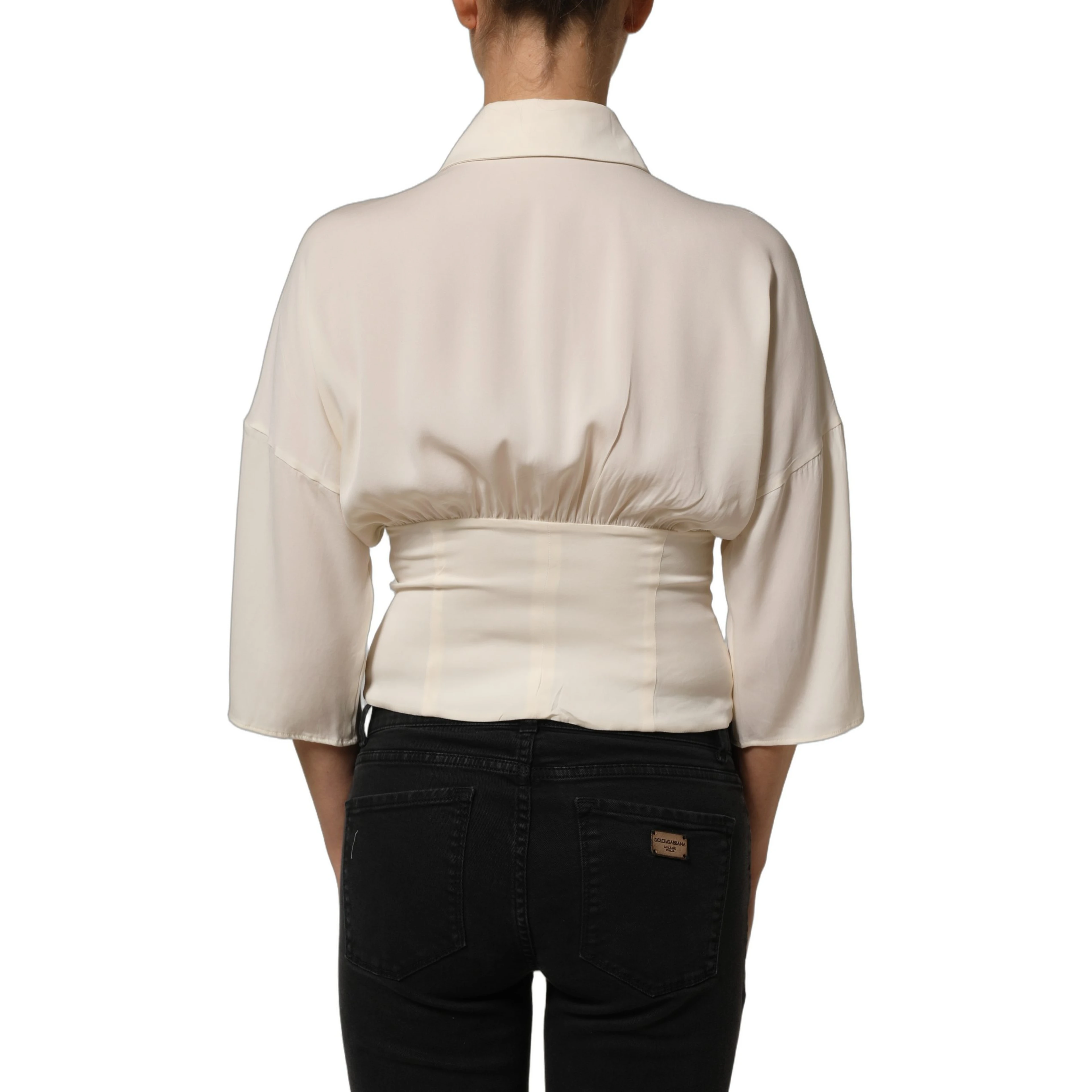 Off White Ascot Collar Long Sleeves Blouse Top