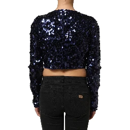 Blue Sequined Long Sleeves Crop Blouse Top
