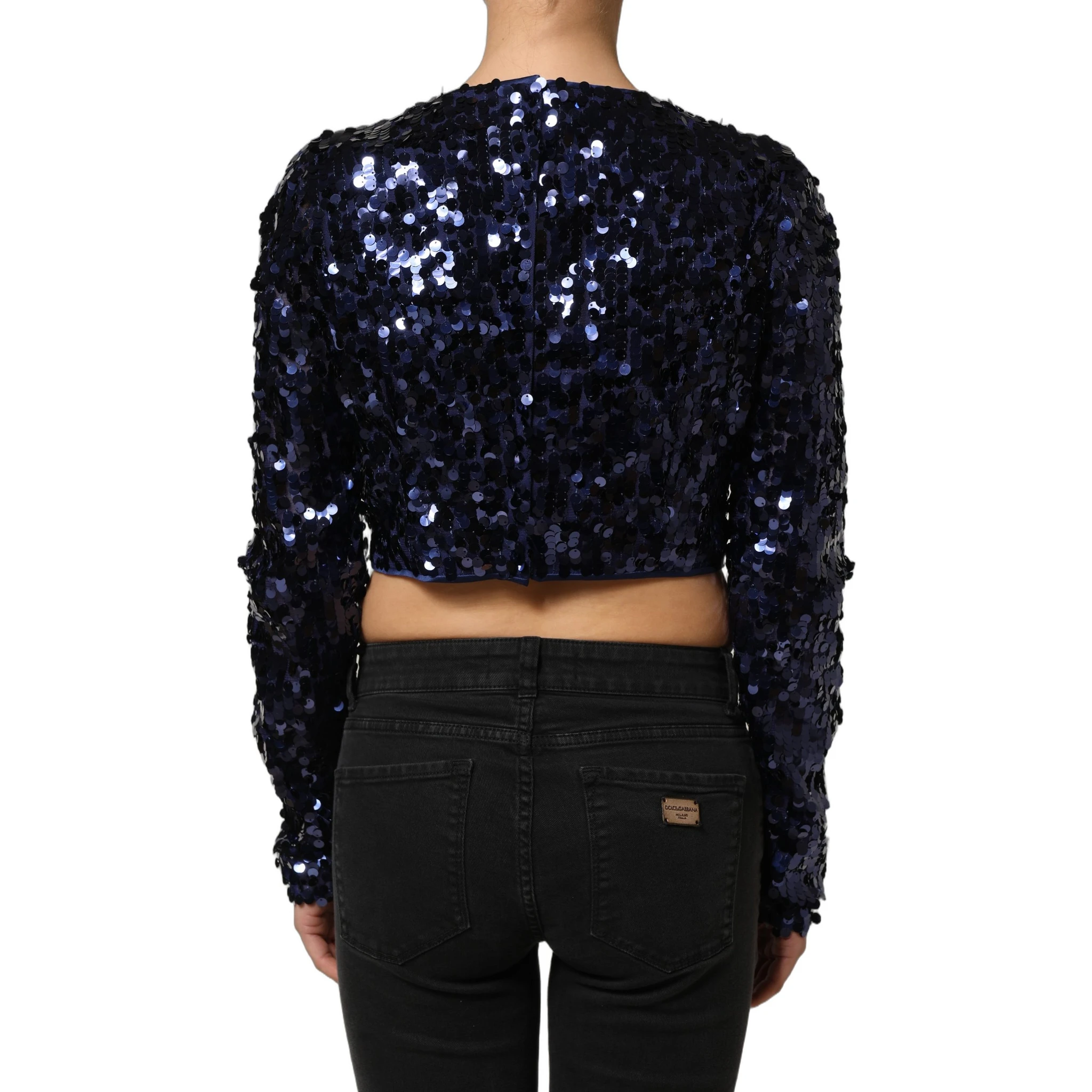 Blue Sequined Long Sleeves Crop Blouse Top