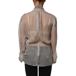 Gray Sheer Silk Chiffon Shirt Bow Collar Top