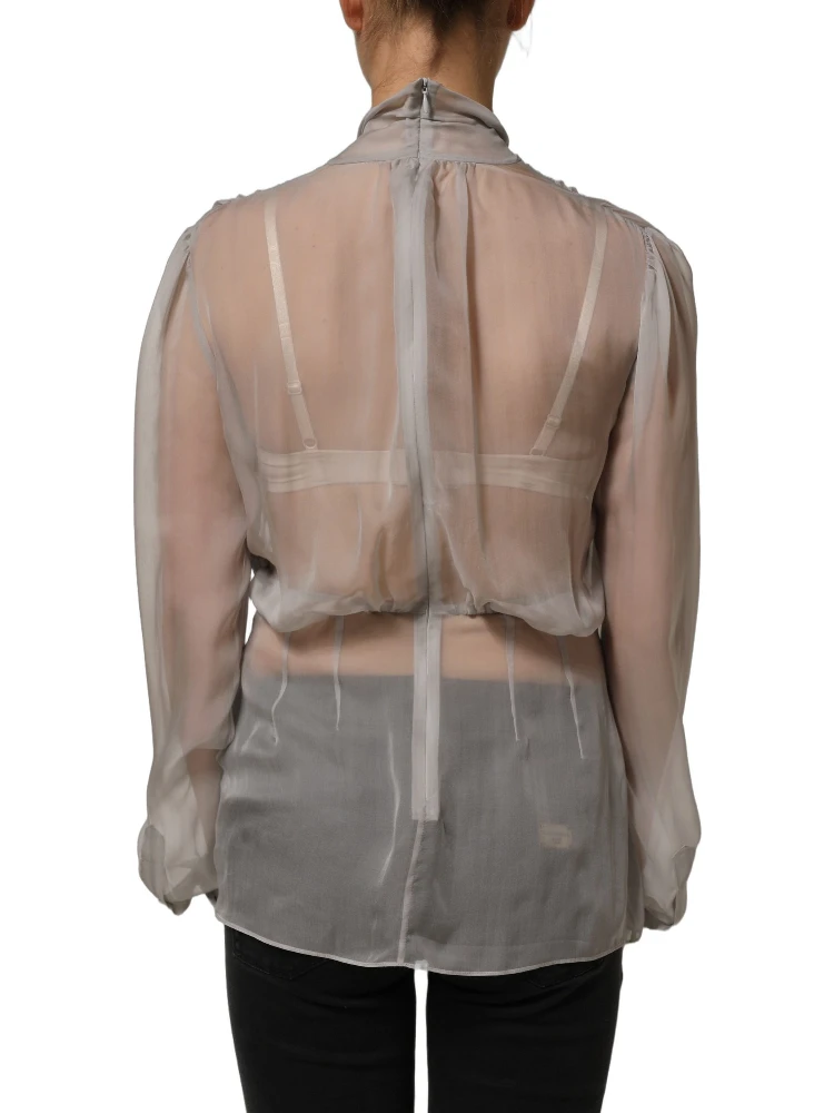 Gray Sheer Silk Chiffon Shirt Bow Collar Top alternative