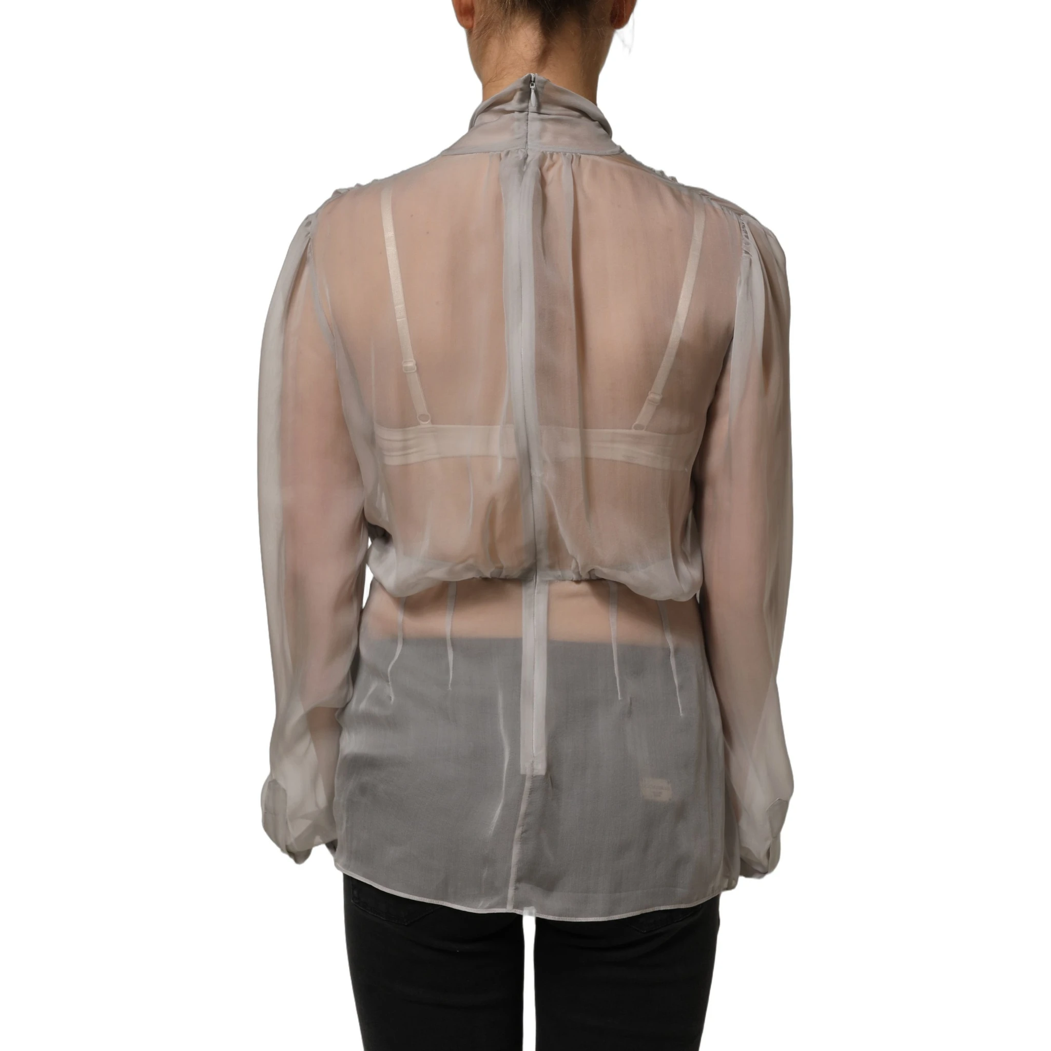 Gray Sheer Silk Chiffon Shirt Bow Collar Top