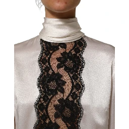 White satin Lace Trim LOng Sleeves Blouse Top
