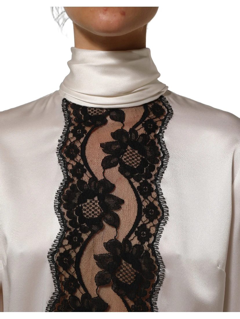 White satin Lace Trim LOng Sleeves Blouse Top