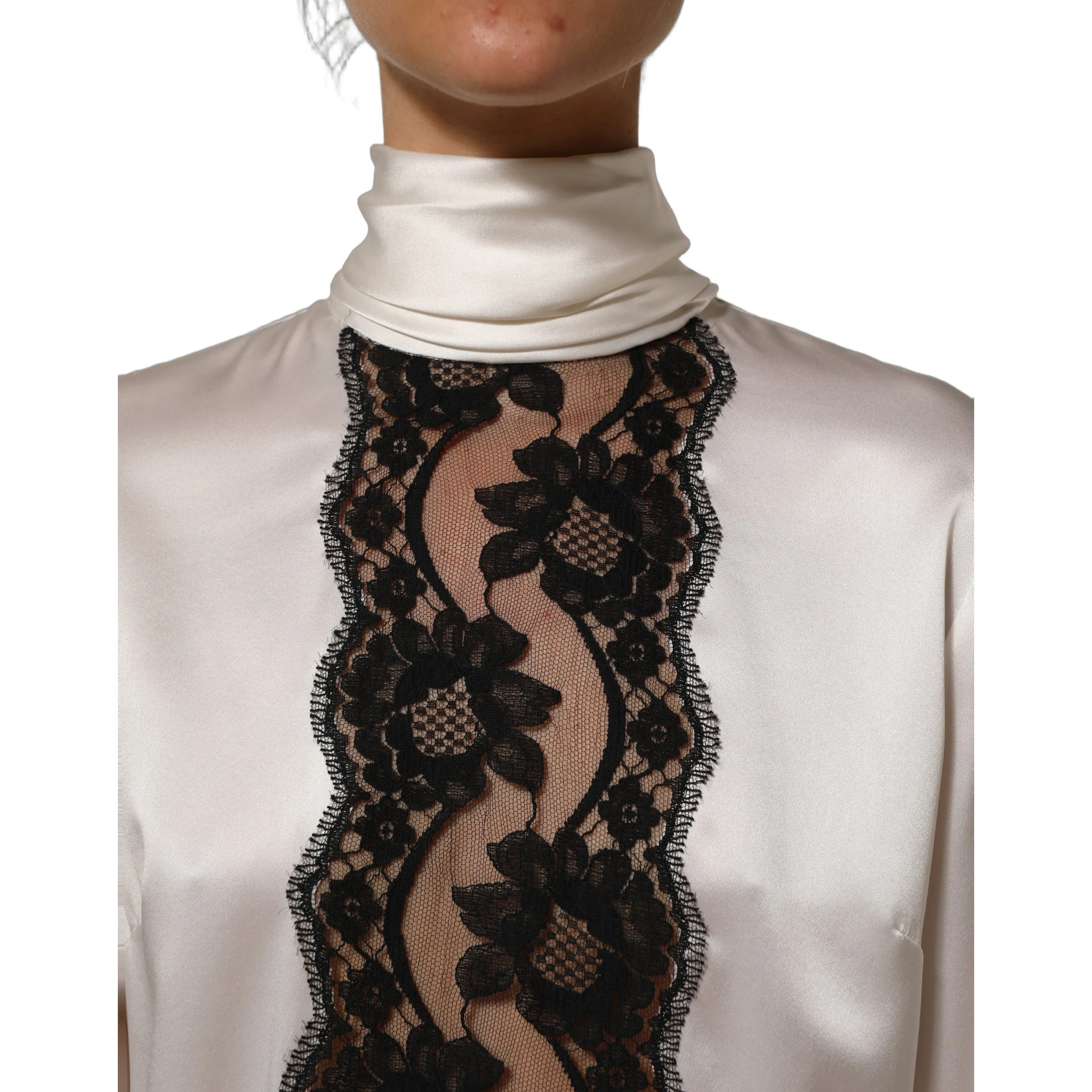 White satin Lace Trim LOng Sleeves Blouse Top