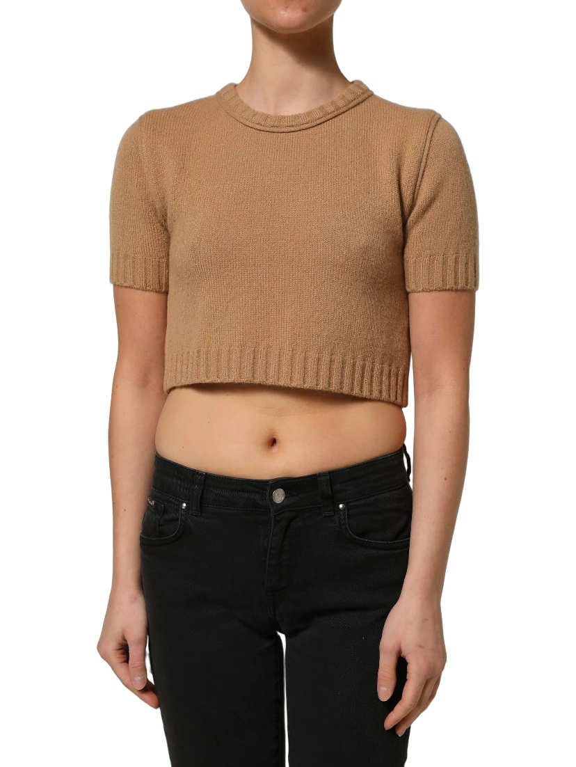 Brown Wool Short Sleeves Cropped Blouse Top