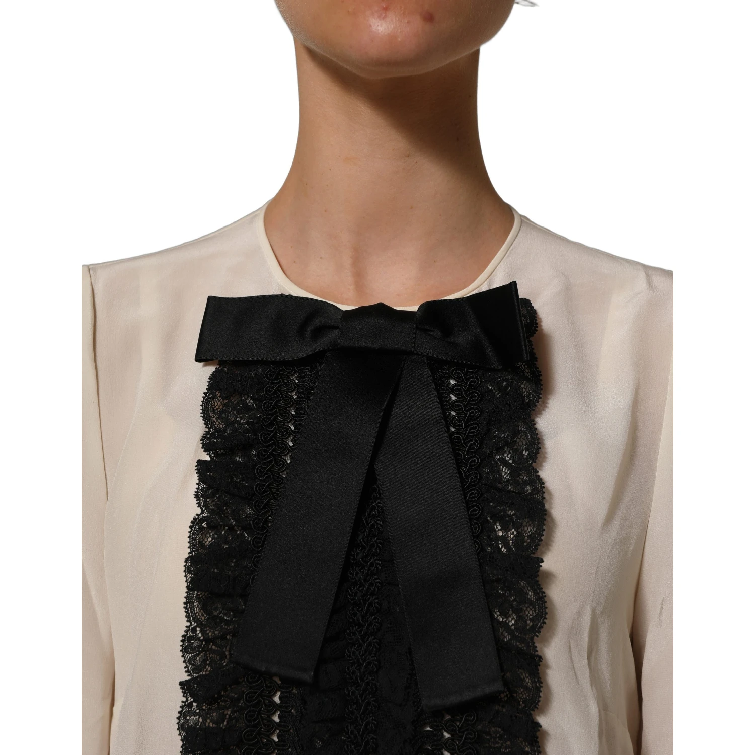 Beige Lace Trim Bow Short Sleeves Blouse Top