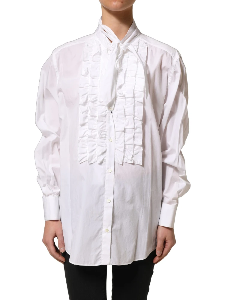 White Ruffled Bib Long Sleeves Blouse Top alternative