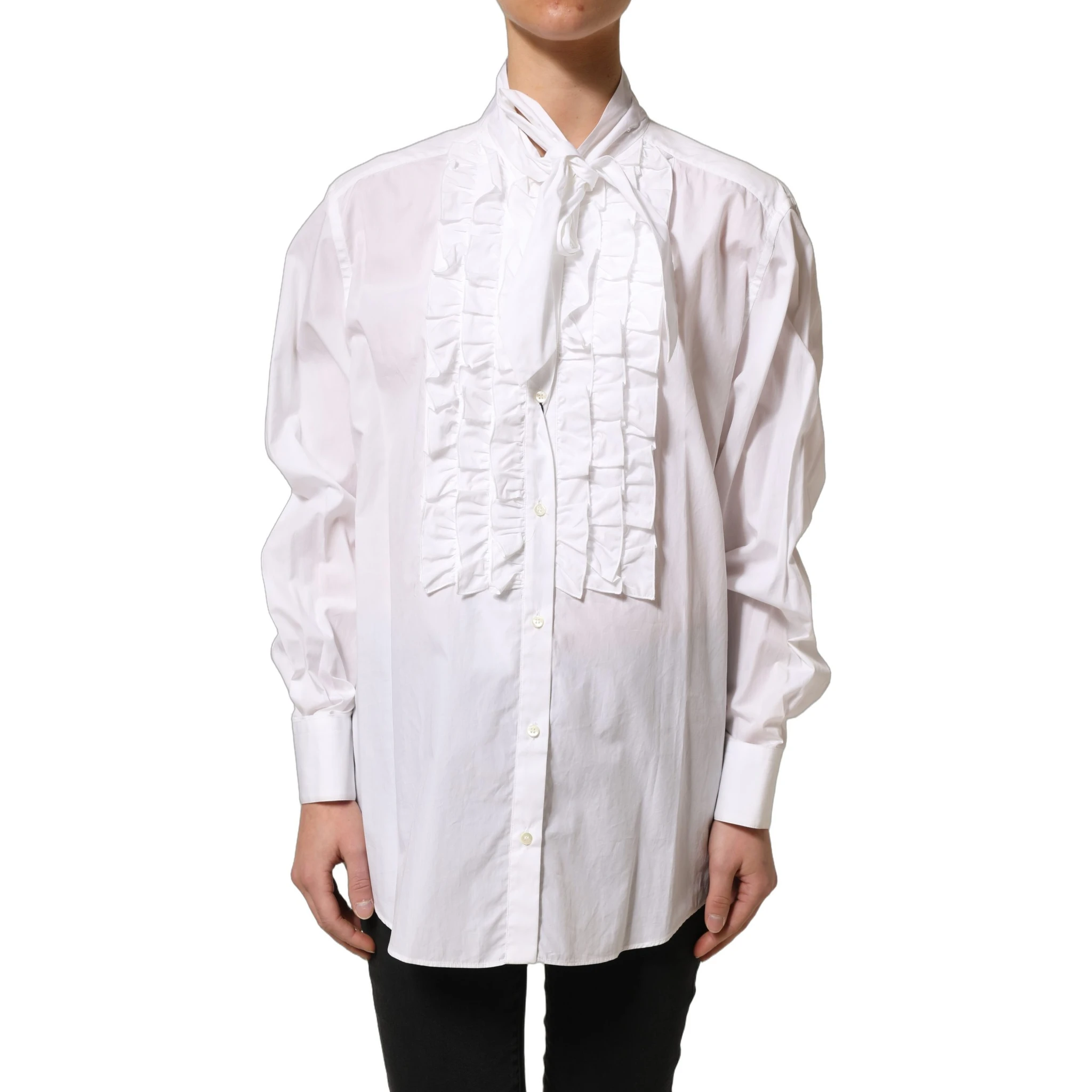 White Ruffled Bib Long Sleeves Blouse Top
