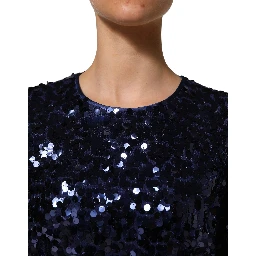 Blue Sequined Long Sleeves Crop Blouse Top