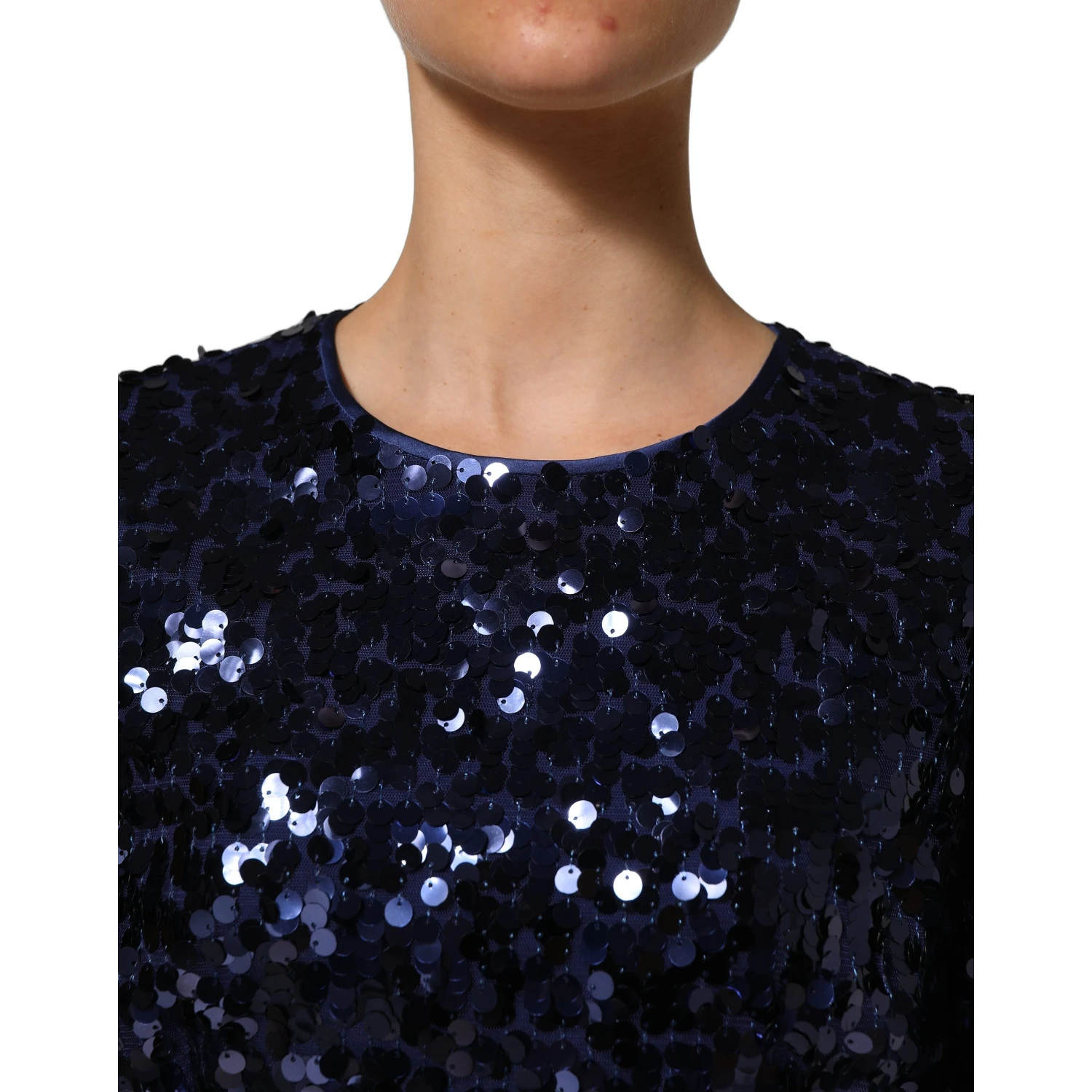 Blue Sequined Long Sleeves Crop Blouse Top