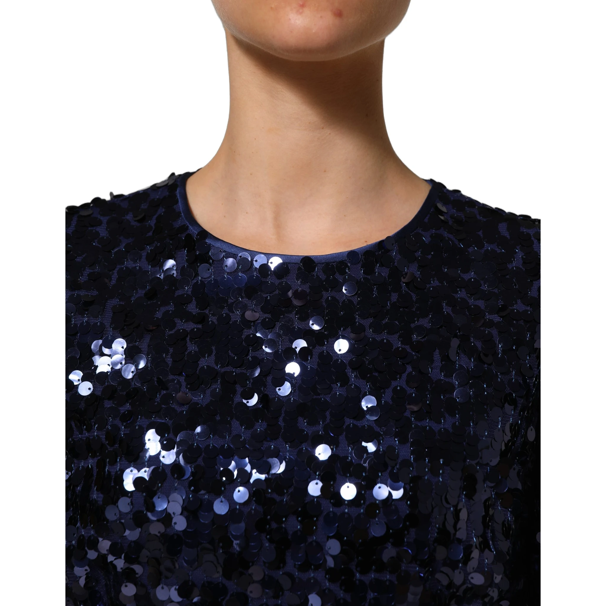 Blue Sequined Long Sleeves Crop Blouse Top