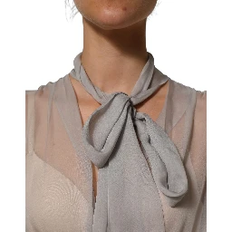 Gray Sheer Silk Chiffon Shirt Bow Collar Top