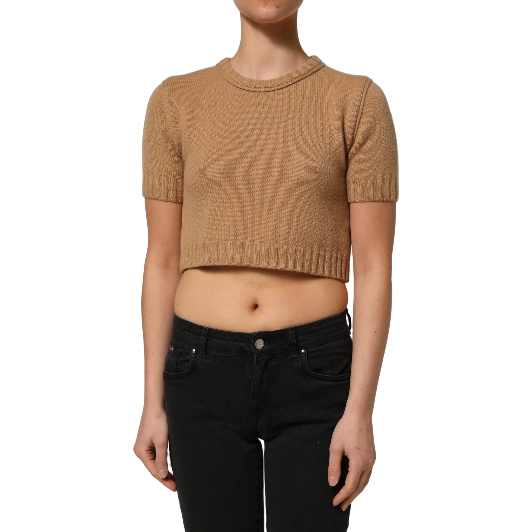 Brown Wool Short Sleeves Cropped Blouse Top