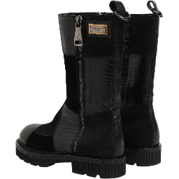 Black Patchwork Leather Mid Calf Boots Shoes