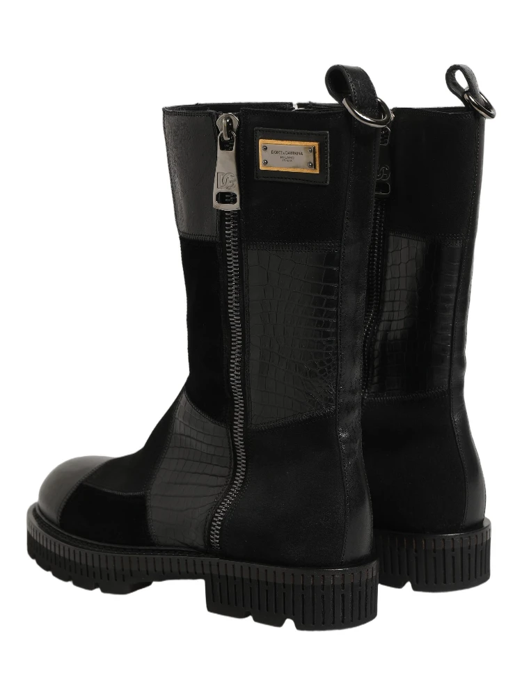 Black Patchwork Leather Mid Calf Boots Shoes