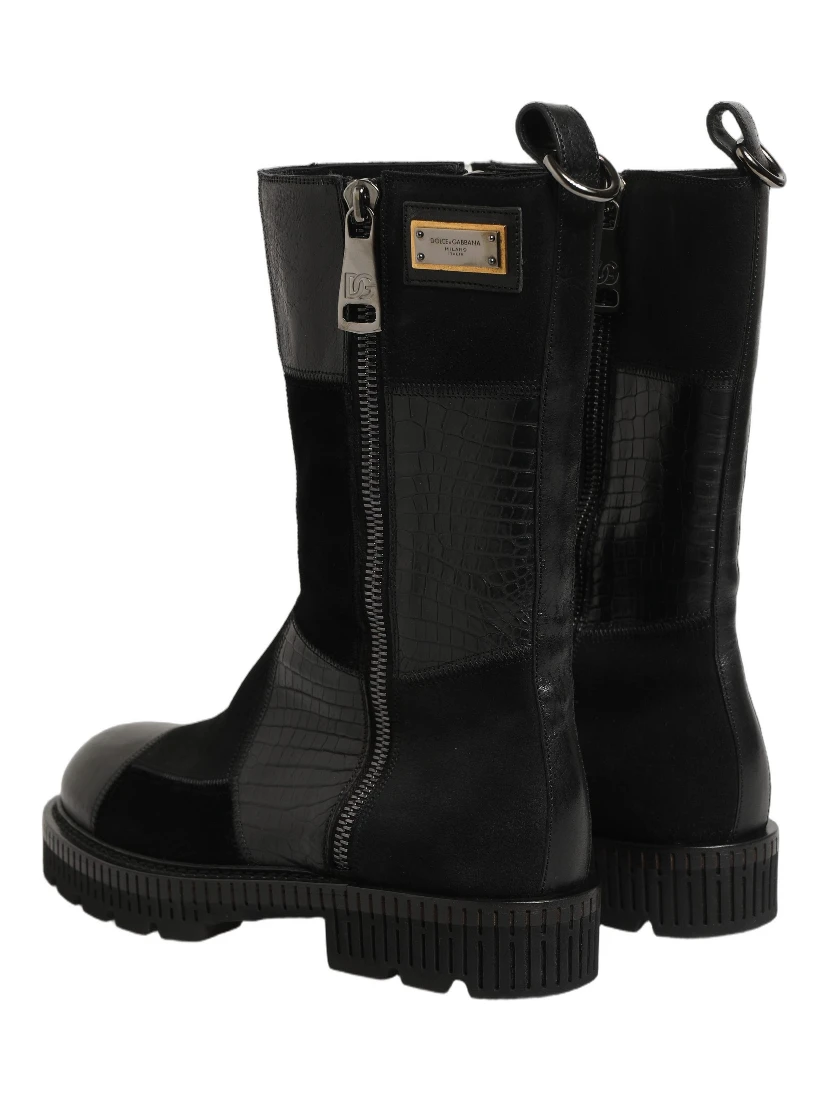 Black Patchwork Leather Mid Calf Boots Shoes