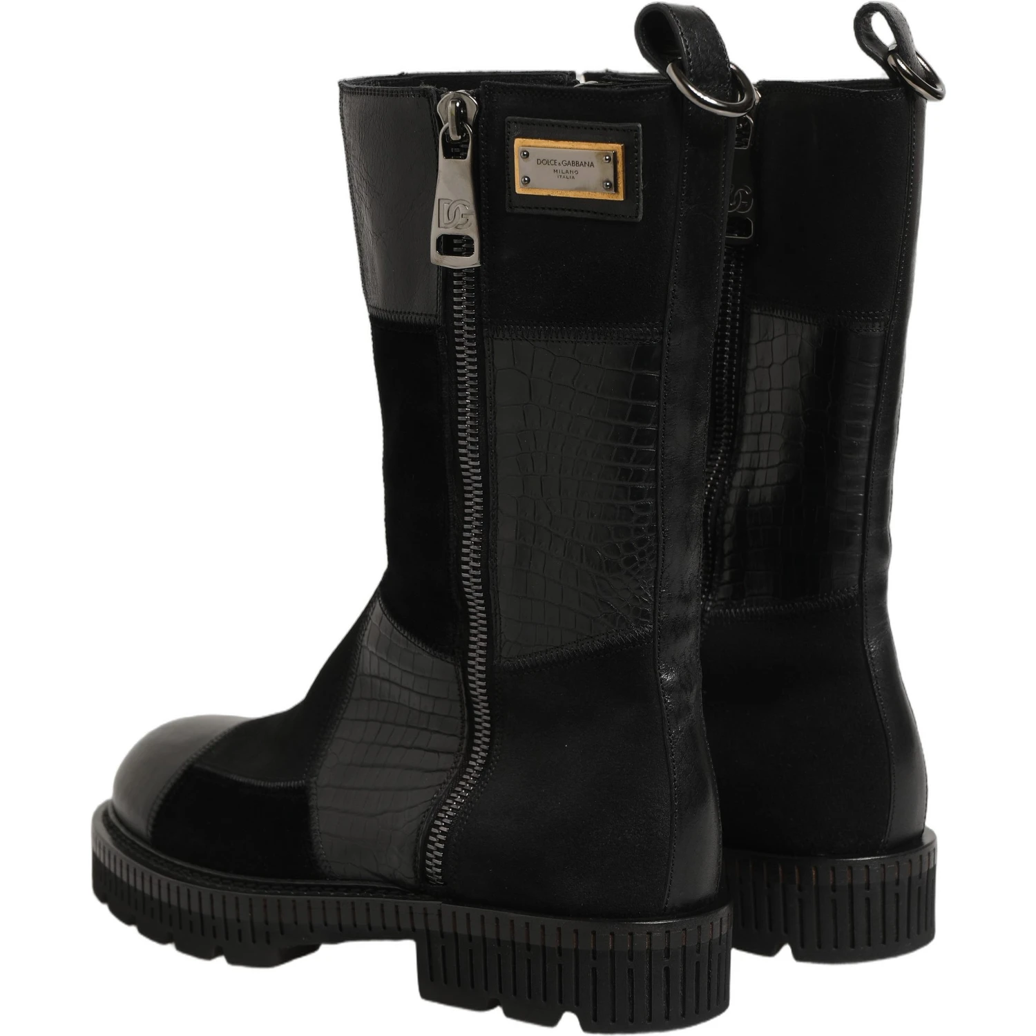 Black Patchwork Leather Mid Calf Boots Shoes