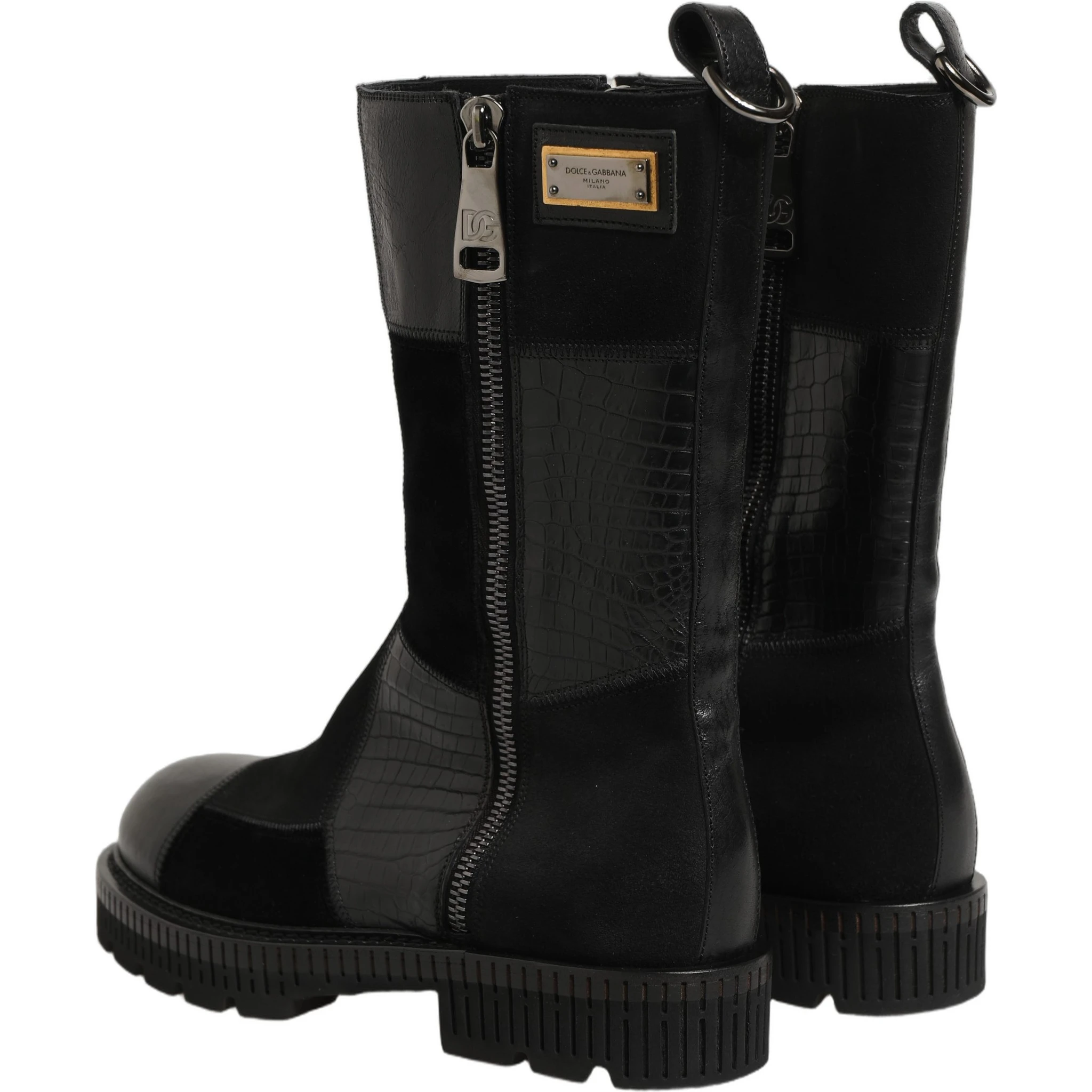 Black Patchwork Leather Mid Calf Boots Shoes
