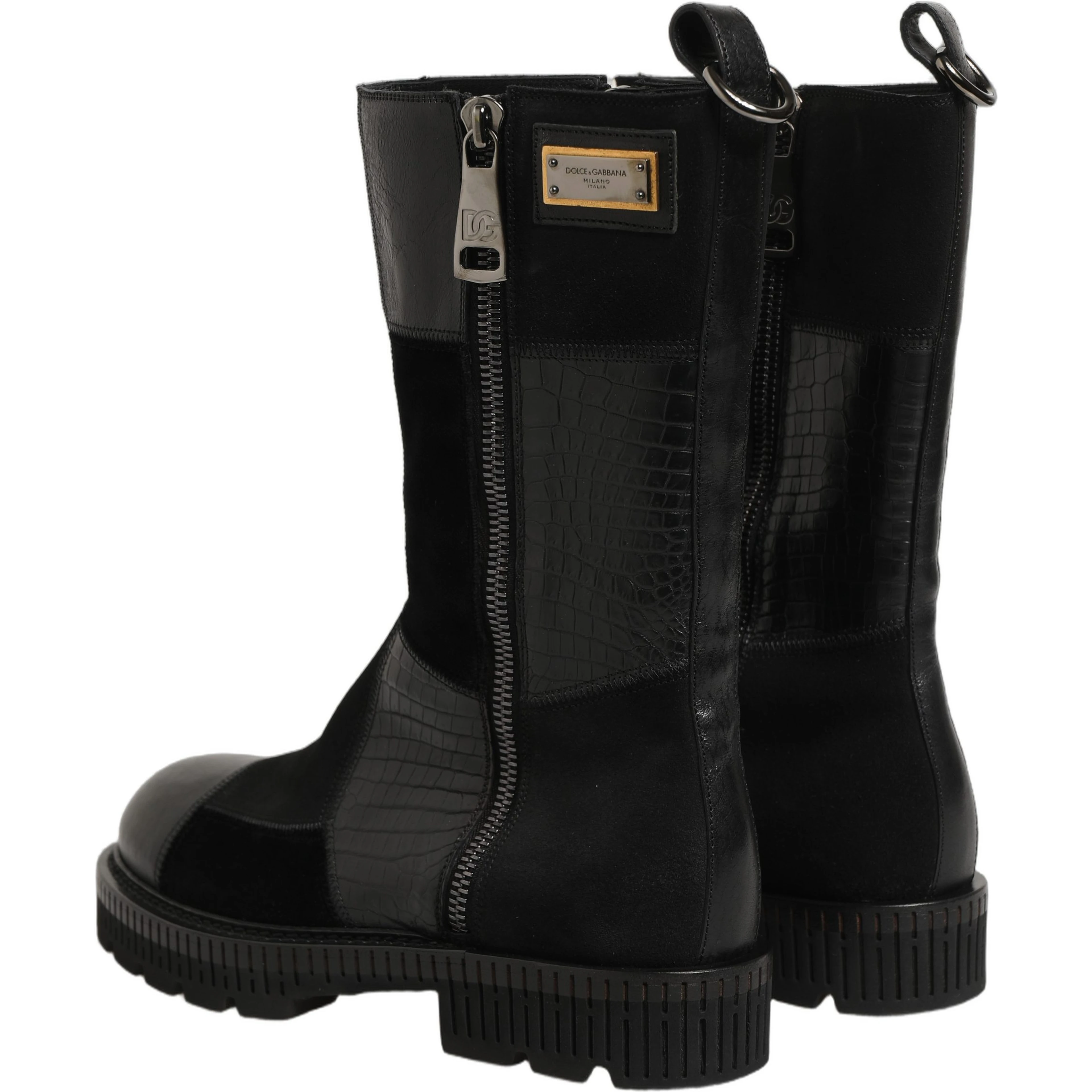 Black Patchwork Leather Mid Calf Boots Shoes