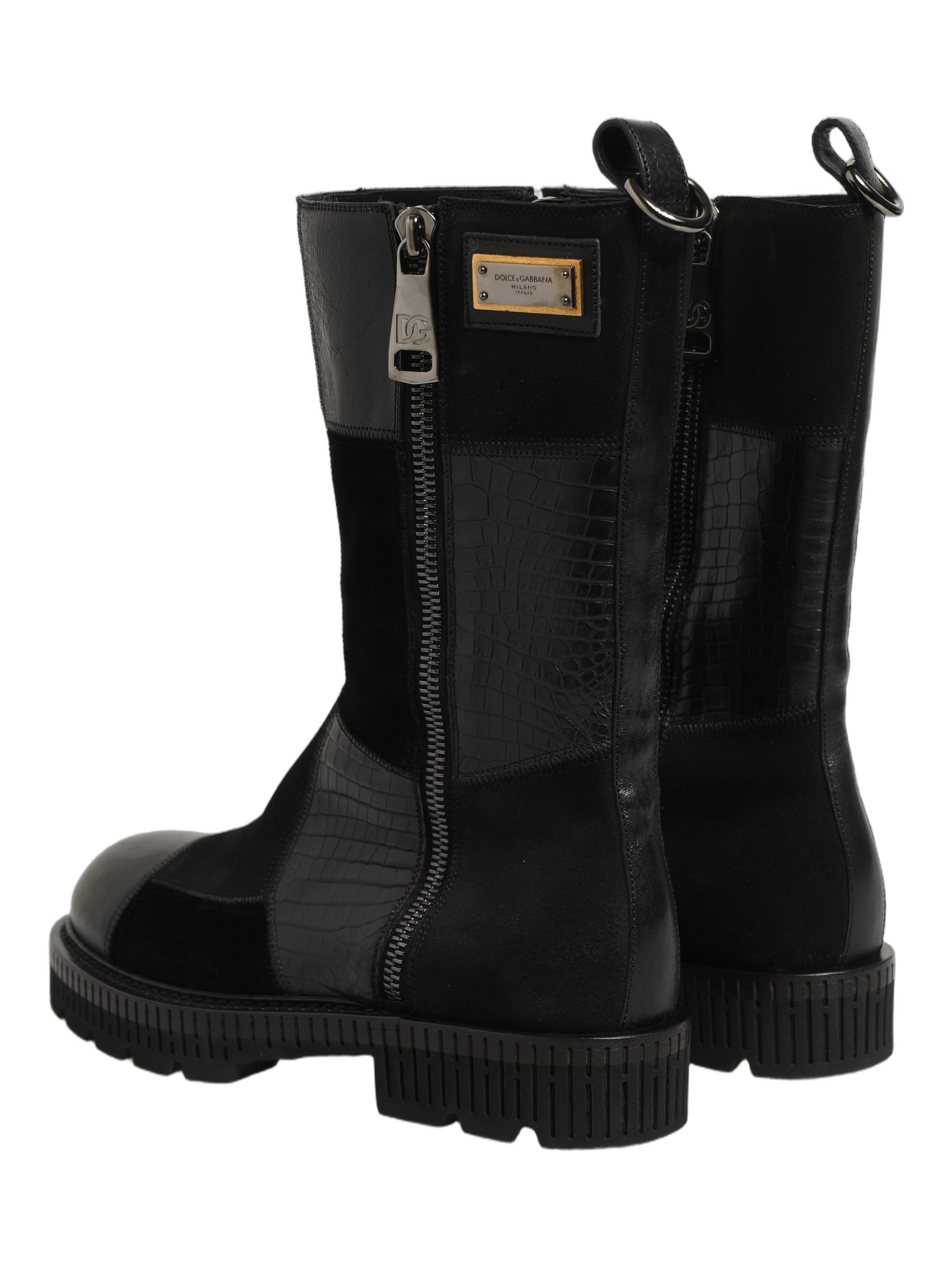 Black Patchwork Leather Mid Calf Boots Shoes