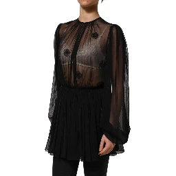Black Polyester Mesh Sheer Crewneck Blouse Top