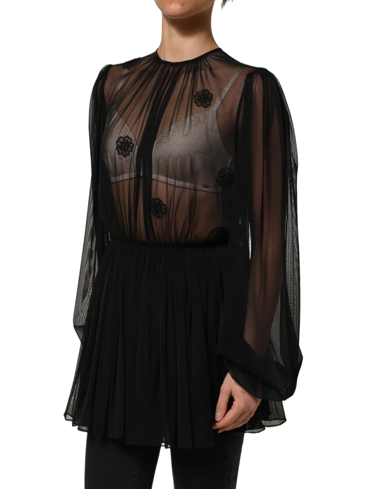 Black Polyester Mesh Sheer Crewneck Blouse Top