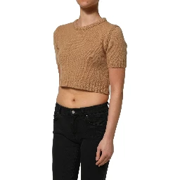 Brown Wool Short Sleeves Cropped Blouse Top