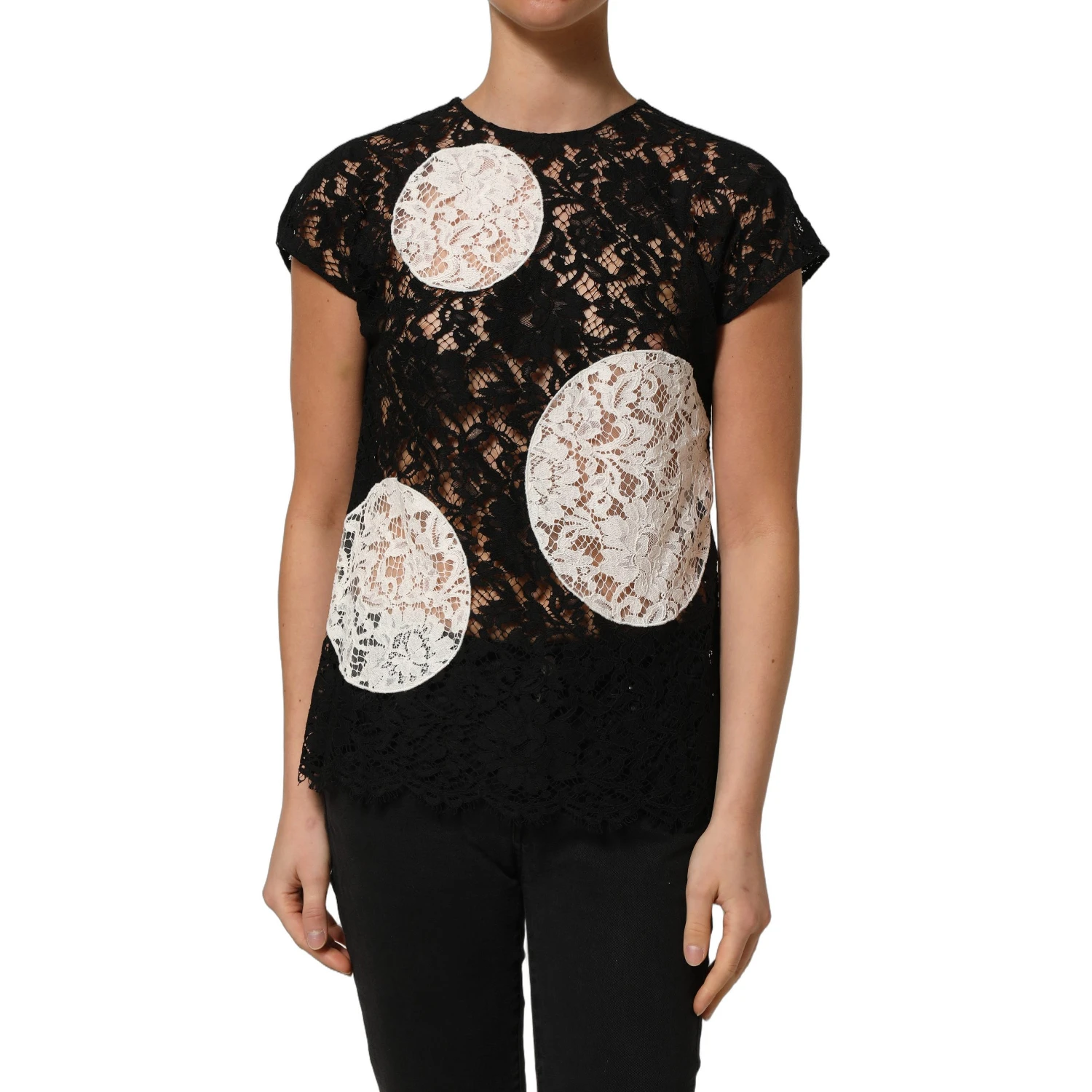 Black White Floral Lace Short Sleeve Blouse Top