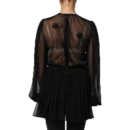 Black Polyester Mesh Sheer Crewneck Blouse Top