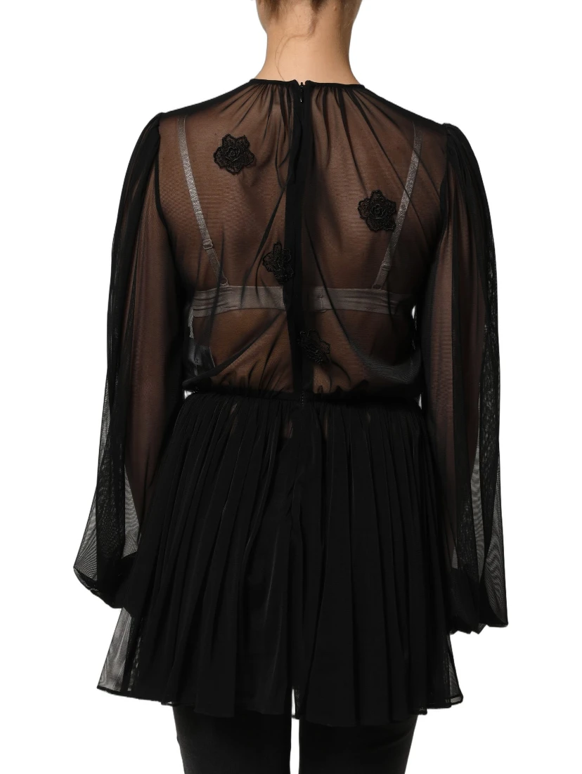 Black Polyester Mesh Sheer Crewneck Blouse Top