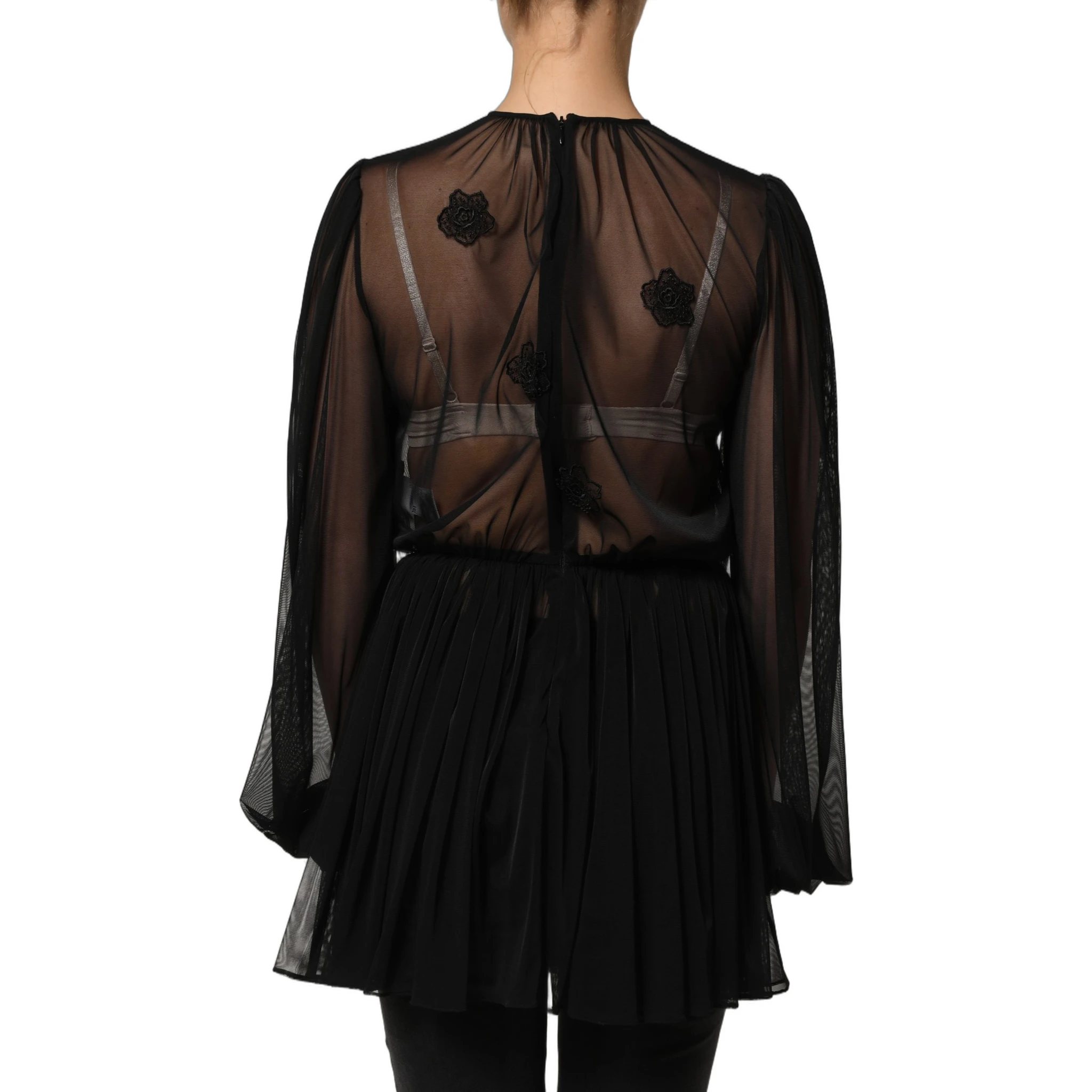 Black Polyester Mesh Sheer Crewneck Blouse Top