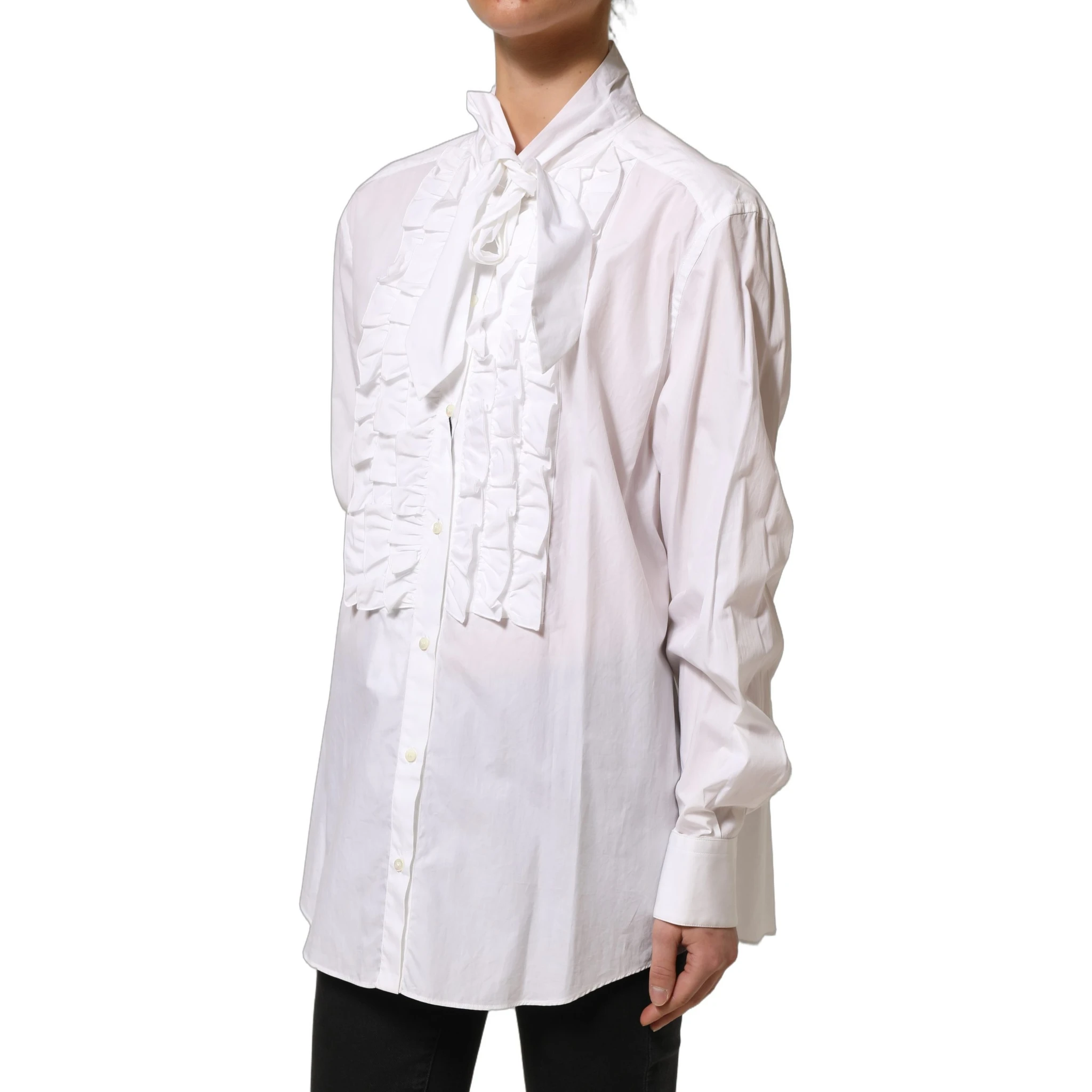 White Ruffled Bib Long Sleeves Blouse Top