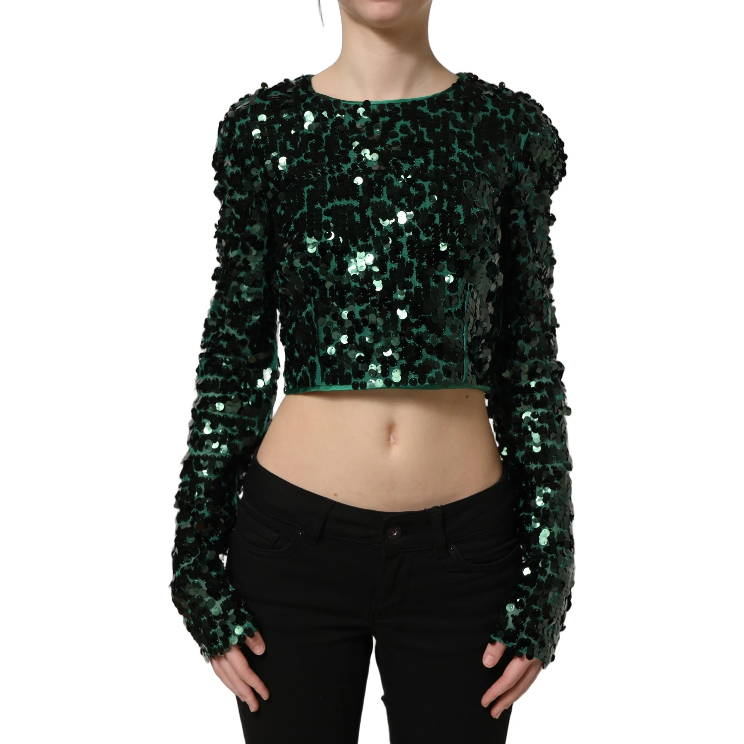 Green Sequined Long Sleeves Crop Blouse Top