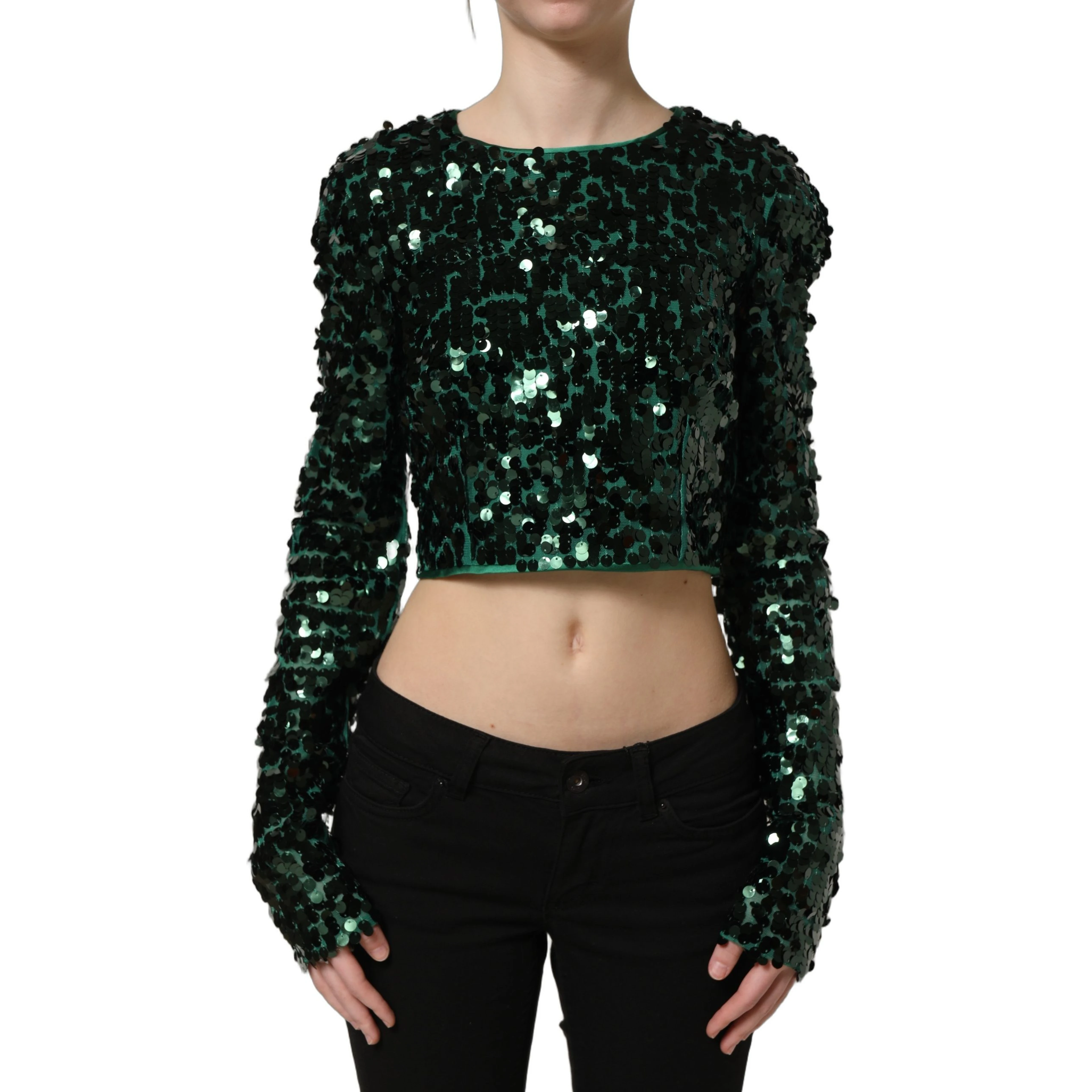 Green Sequined Long Sleeves Crop Blouse Top