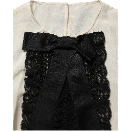 Beige Lace Trim Bow Short Sleeves Blouse Top