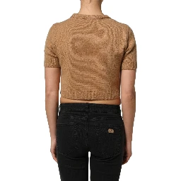 Brown Wool Short Sleeves Cropped Blouse Top