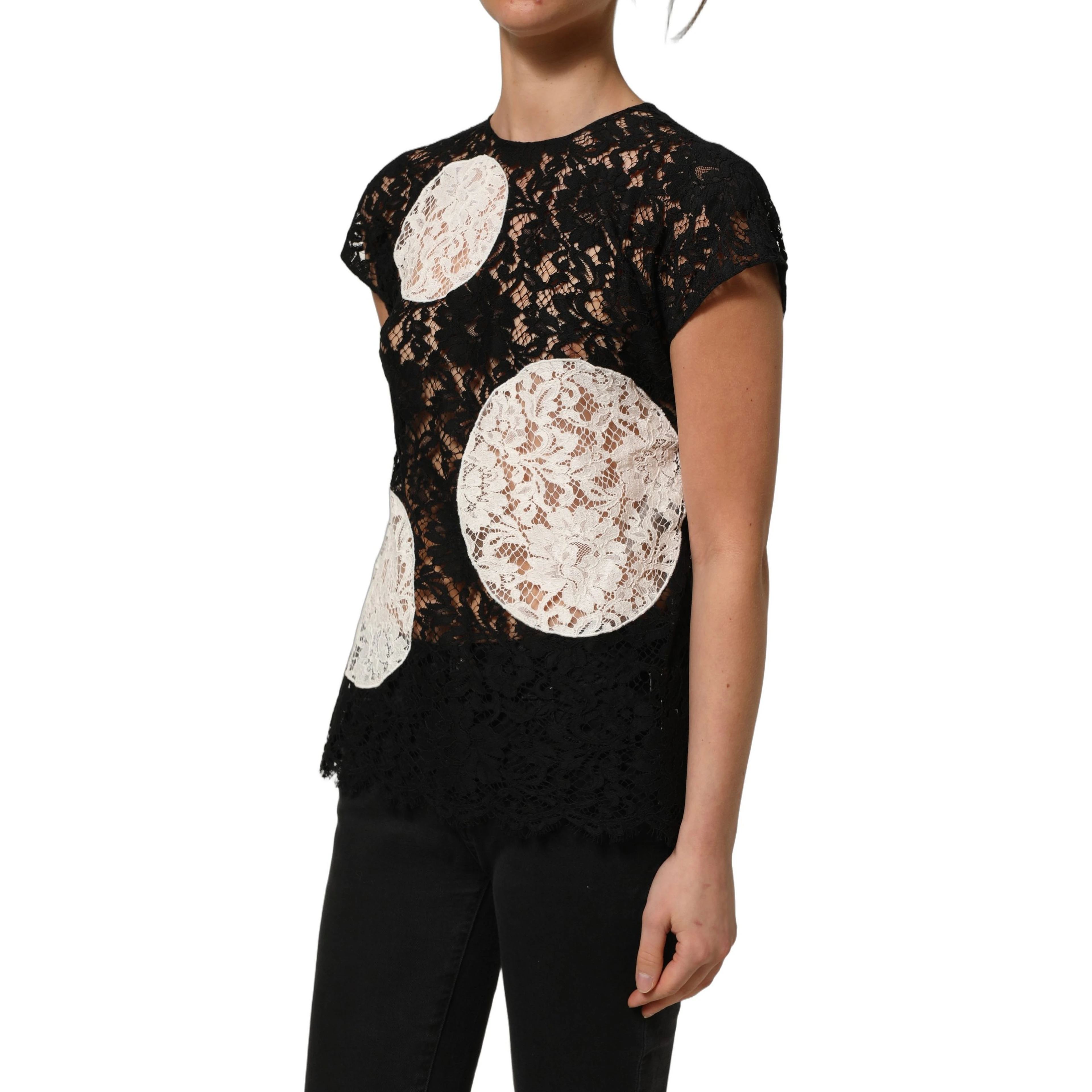 Black White Floral Lace Short Sleeve Blouse Top