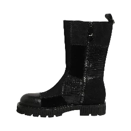 Black Patchwork Leather Mid Calf Boots Shoes